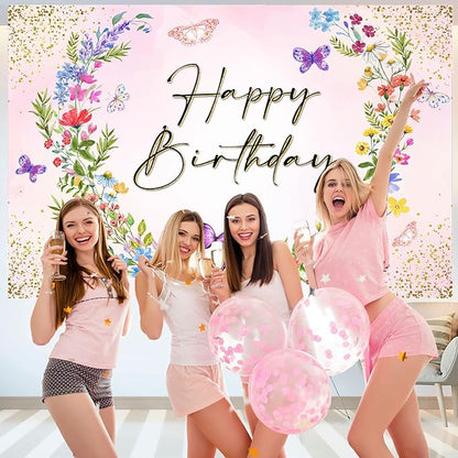 Sensfun Wildflower Happy Birthday Backdrop Banner for Women Wild Flower Birthday Decorations Rustic Floral Butterfly Photography Background for Girls Wildflower Bday Party Decor Photo Booth Prop 7x5ft