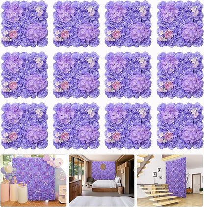 Flower Wall Backdrop 16.5''*16.5'' 12Pcs Artificial Floral Wall Panel 3D Silk Rose Decor for Wedding Home Thanksgiving Day Event Birthday Party Decoration