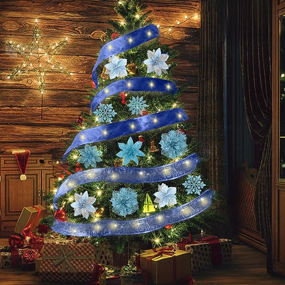 72Pcs Poinsettia Christmas Flowers with Ribbon - 9 Styles Glitter Artificial Poinsettia Christmas Ornaments for Wreath, Garland, Holiday Decor (Blue)