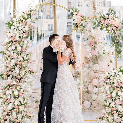 7.2FT, 6FT Arch Backdrop Stand with Cover Set of 2, Gold Metal Balloon Wedding Arch Frame with 8 Ground Stakes Stable for Outdoor Birthday Party Wedding Ceremony Bridal Baby Shower Decoration