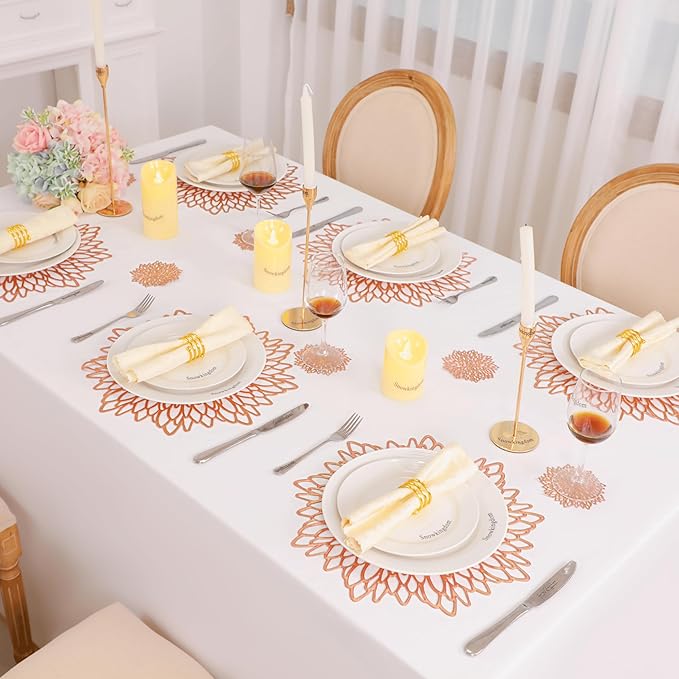 Snowkingdom 6 Pack Rose Gold Placemats Metallic Pressed Vinyl for Mother's Day Table Decoration Dinning Mats Round Floral Charger Plates Bridal Shower Party Birthday Wedding Valentine Christmas