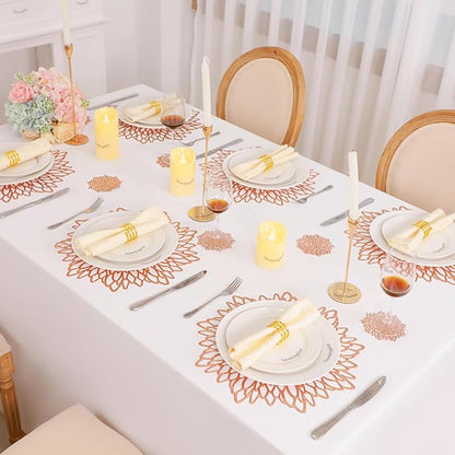 Snowkingdom 6 Pack Rose Gold Placemats Metallic Pressed Vinyl for Mother's Day Table Decoration Dinning Mats Round Floral Charger Plates Bridal Shower Party Birthday Wedding Valentine Christmas