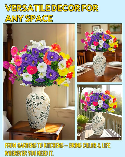 Realistic Silk Faux Flowers for Outdoor Decorations - 12 Bundles UV Resistant Artificial Flowers Outside for Hanging Basket Planter Window Box, Morning Glory Fake Plants for Home Porch Garden Décor