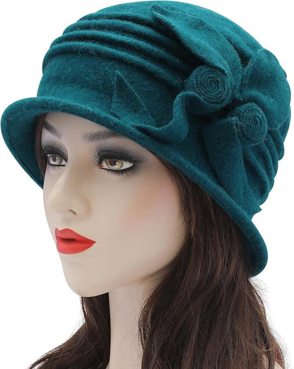 ZLYC Women Wool Cloche Bucket Hat 1920s Vintage Dress Winter Hats with Flower Accent