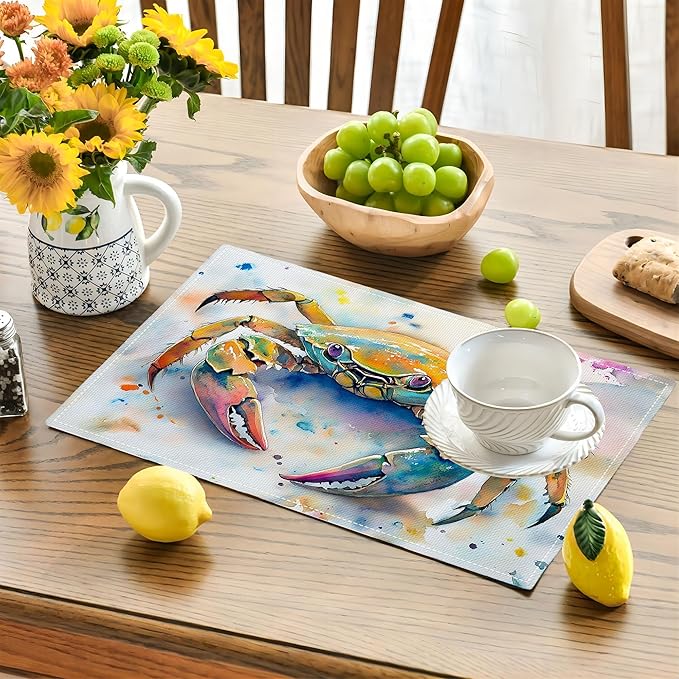 Sea Beach Theme PlaceMats Set of 4 Ocean Crab Pictures Print Washable Placemats Marine Life Animal Table Mats Teal Blue Scratch Proof Table Mats for Kitchen Decor Dinner 4 PCS
