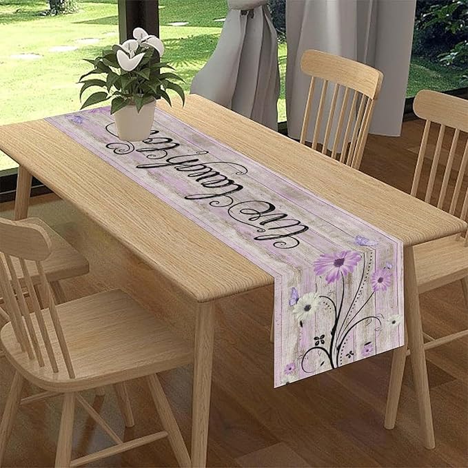 Purple Daisy Table Runner, Butterfly Rustic Seasonal Spring Wild Flower Rustic Blue Wood Farmhouse Decor for Family Kitchen Farmhouse Holiday Party Table Decorations Indoor Outdoor 13x90 inch