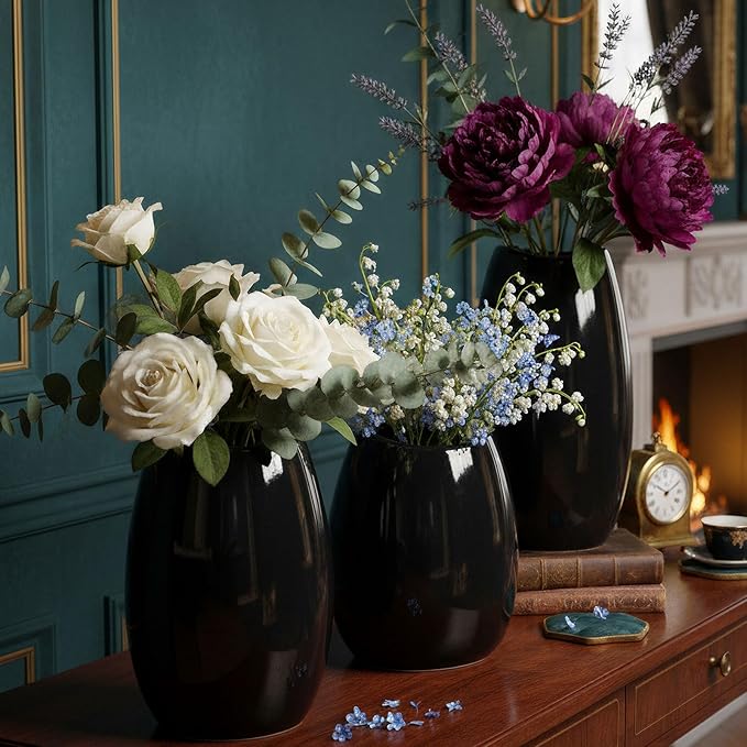 hjn Ceramic Vase Set of 3 Black Flower Vase for Home Decor, Modern Decorative Vase for Flowers/Ideal Shelf Decor/Table/Living Room/Kitchen/Office-Black
