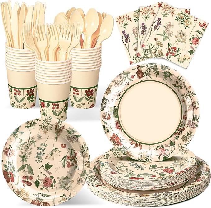 Roshtia 25 Set Floral Party Supplies Flower Paper Plates Napkins Tablewares Disposable Flower Dinnerware for Girls Women Floral Birthday Tea Party Decorations Favors