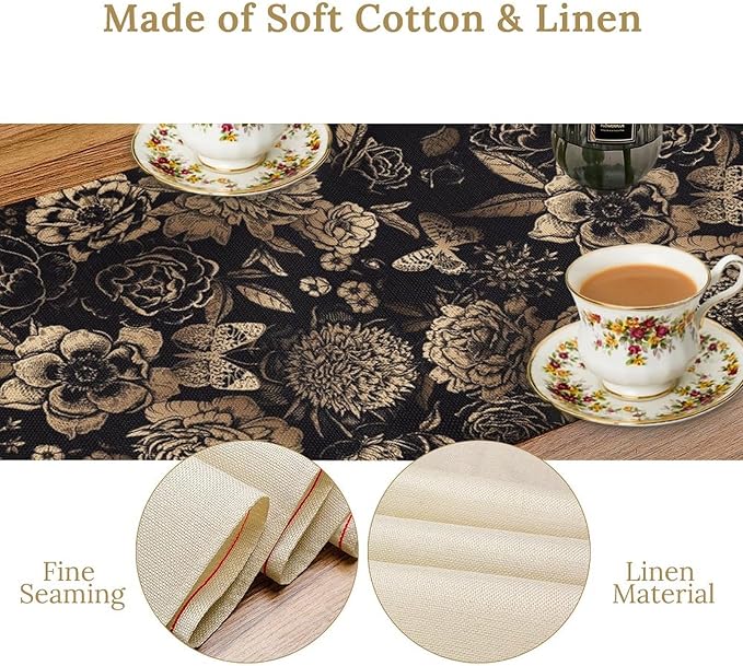 Gold Black Floral Table Runner, Vintage Peony Flower Blossom Butterfly Rustic Plant Leaves Gothic Dark Floral Table Runner for Farmhouse Cottage Kitchen Dining Table Decor, 13x108inch