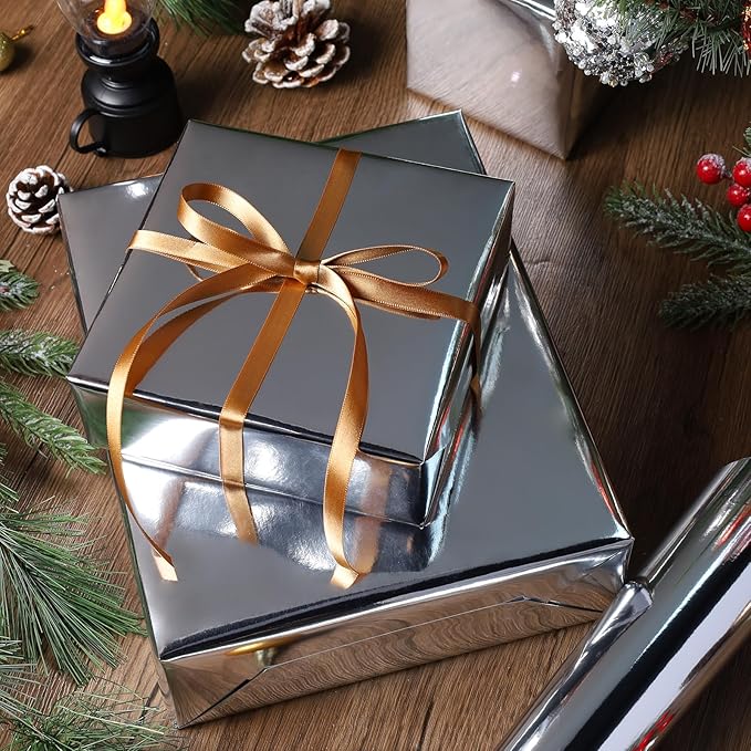 LaRibbons Silver Metallic Wrapping Paper, 30 Inch X 33 Feet (82.5sq.ft) Solid Color Paper Roll, Gift Wrapping Paper Rolls for Wedding, Birthday, Christmas, Baby Shower