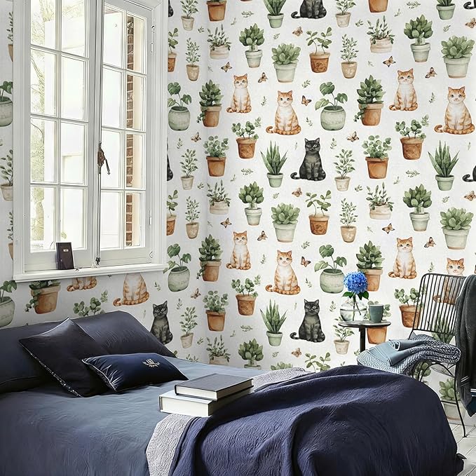 Peel and Stick Modern Cute Animal Wallpaper Removable Cat Potted Plants 17.7" x 118.11" Wall Paper Watercolor Self Adhesive Contact Paper for Classroom Bedroom Laundry Room Bathroom