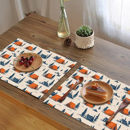 Tent & Pine Tree Dining Room Table Set for 4 Linen Fabric Washable Placemats Set of 4 Table Mats Table Place Mats Picnic Kitchen and Dining Decor for Indoor