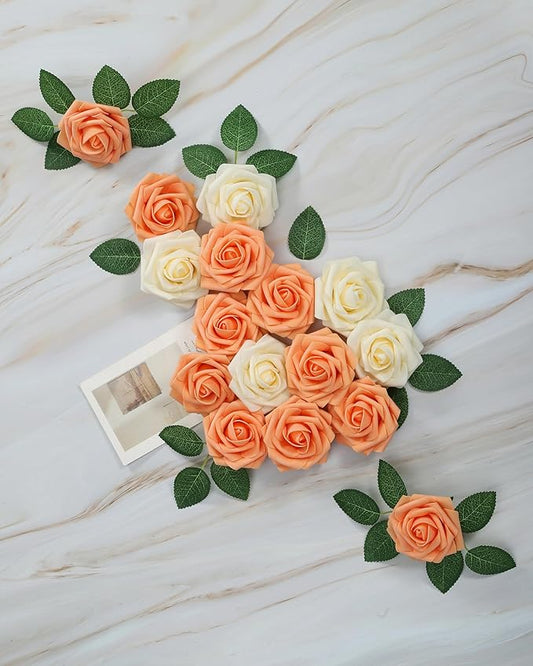 DuHouse 25Pcs Artificial Roses Flowers Fake Rose with Stems Real Touch Foam Flowers for DIY Wedding Bouquet Baby Shower Centerpiece Floral Arrangement Party Home Decor(Peach Fuzz)