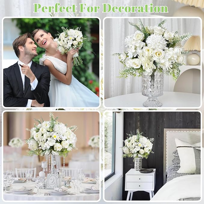 ASTRYAS White Artificial Flowers, 4Pcs Fake Rose Silk Chrysanthemum Ball Hydrangea Daisy for Decoration Faux Floral Arrangements for Wedding Party Home Decor Indoor(White)