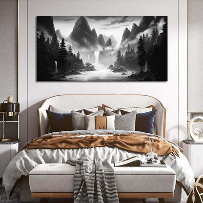 Mountain Pictures for Living Room Black and White Canvas Wall Art for Office Forest Wall Decor for Bedroom Size 29" x 58"