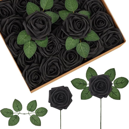InnoGear Artificial Flowers, 50 Pcs Black Foam Fake Roses Bulk with Stems for Decoration DIY Wedding Bouquets Centerpieces Bridal Shower Party Valentines Christmas Tree