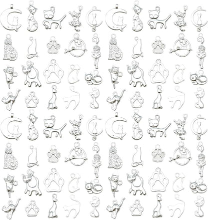 WOCRAFT 60pcs Bright Silver Cat Charms Bracelet Charms for Jewelry Making Sets DIY Necklace Bracelet Keychain Crafting Charms Kit Craft Supplies (SN843)