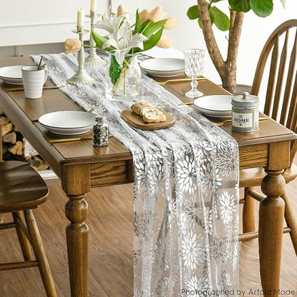 Artoid Mode 3PCS White Silver Dahlia Flower Gauze Table Runner 120 Inch 10FT, Glitter Metallic Foil Seasonal Sheer Dining Holiday Table Decor for Home Party
