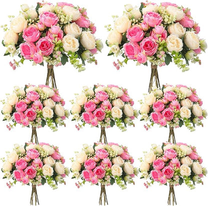 Geosar 8 Bundles Artificial Peonies Flowers Fake Silk Peony Bouquet Faux Peonies Flowers Bulk for Decoration Vase Floral Arrangements Wedding Party Table (Pink,Champagne)