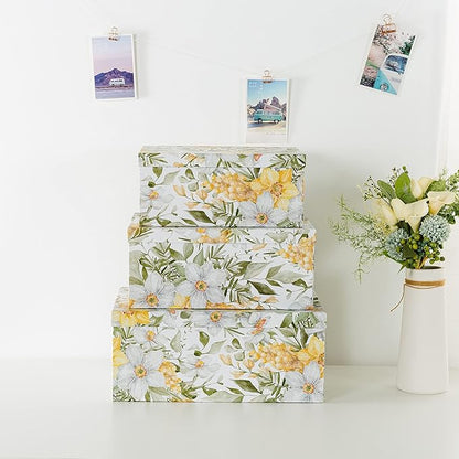 Soul & Lane Garden Glory Decorative Boxes with Lids - Set of 3: Floral Photo Storage, Stackable Small Home Decor Boxes, Nesting Gift Cartons, Boho Print Mache Containers, Cardboard Document Storage