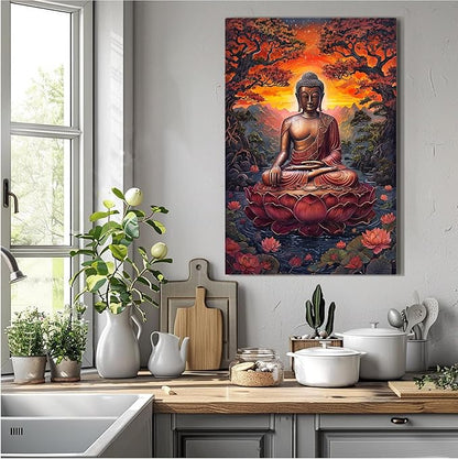 Golden Buddha on lotus seat serene meditation statue amidst lush trees flowing water and sunrise light spiritual home art for a tranquil decor 12x18in Frameless