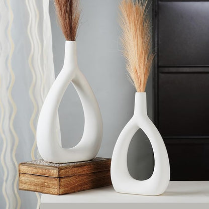 Ajuny Oval Vase Set of 2 – White Ceramic Decorative Vases, Farmhouse Style Modern Accent for Wall Decor, Bedroom, Living Room, Coffee Table, Office