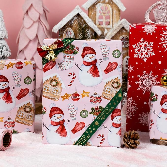 MAYPLUSS Christmas Wrapping Paper Roll - 17 Inch X 33 Feet - Cute Snowman Christmas Hat Gloves Reversible Snowflake Gift Wrapping Paper, Thick Wrap Paper for Holiday Party New Year Kids