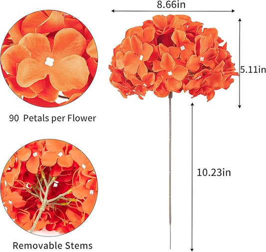 DuHouse Silk Hydrangea Artificial Flower Heads with Stems Fake Hydrangeas Flowers for DIY Wedding Centerpiece Home Decor,Pack of 6(Burnt Orange)
