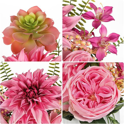 Briful 13" Faux Flower Arrangement in White Ceramic Vase – Pink Artificial Peony & Dahlia Silk Flower Centerpiece with Succulent Fake Potted Flowers for Home Office Tabletop Wedding Decor
