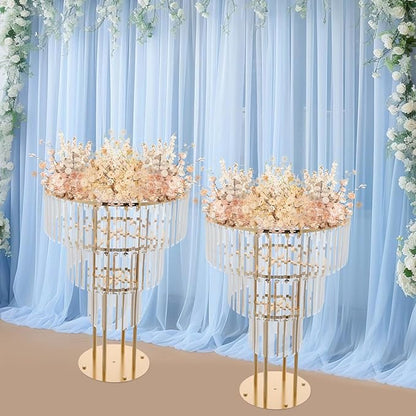 2PCS 3 Tiers Wedding Centerpieces Vase, 28.34” Tall Crystal Wedding Flower Stand, Round Chandelier Pedestal Stand for Wedding Road Lead T Stage Arrangement Decoration