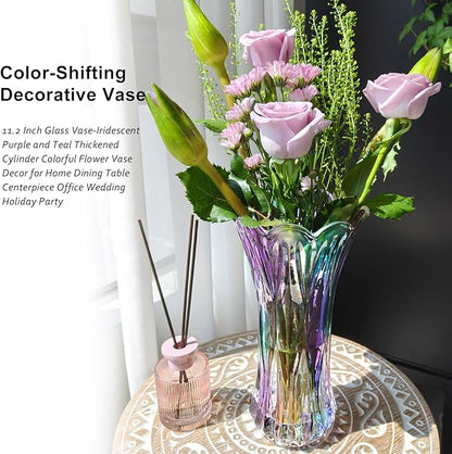 11.2 Inch Glass Vase-Iridescent Purple and Teal Thickened Cylinder Colorful Flower Vase Decor for Home Dining Table Centerpiece Office Wedding Holiday Party