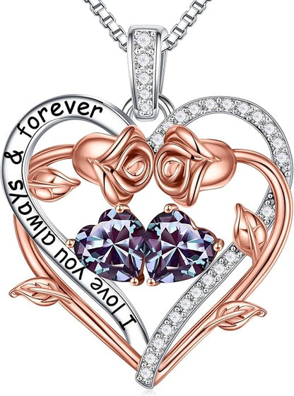 Iefil Rose Heart Double Birthstone Necklace Gifts for Wife Her Mom Women, Birthstone Jewelry Gemstone Birthday Gifts for Girlfriend Grandma Her Wife Women