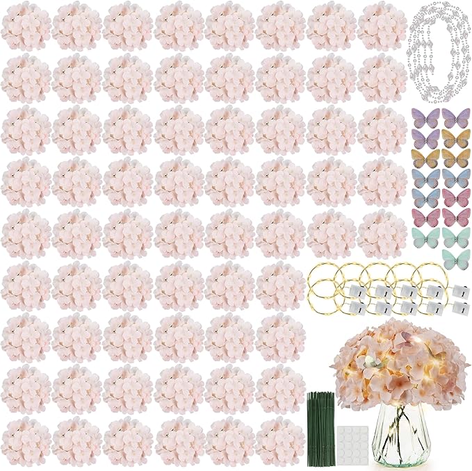64PCS Artificial Hydrangea Flowers with Stems, Silk Hydrangea Heads with LED Decorative Lights, Crystal Strings & Butterfly Accents for Wedding Centerpieces and Home Decor(64, Pink)