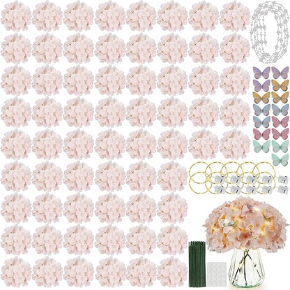64PCS Artificial Hydrangea Flowers with Stems, Silk Hydrangea Heads with LED Decorative Lights, Crystal Strings & Butterfly Accents for Wedding Centerpieces and Home Decor(64, Pink)
