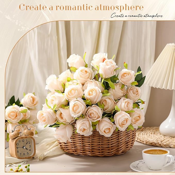 Hotop 40 Pcs Rose Artificial Flowers Bulk with Long Stem,Realistic Silk Fake Roses Bouquet for Home Wedding Centerpieces Party Table Decoration Valentines Gifts(Cream)