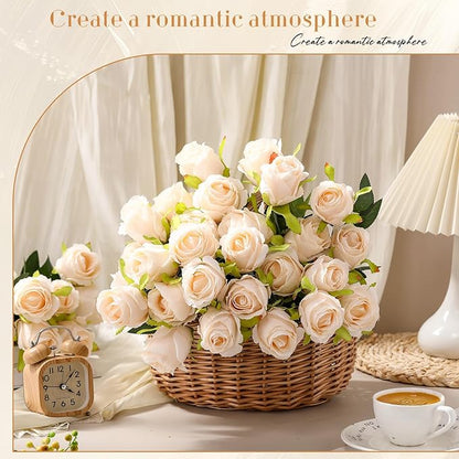Hotop 40 Pcs Rose Artificial Flowers Bulk with Long Stem,Realistic Silk Fake Roses Bouquet for Home Wedding Centerpieces Party Table Decoration Valentines Gifts(Cream)