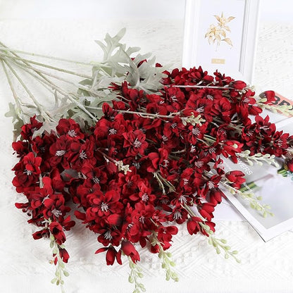 8pcs Red Delphinium Artificial Flowers 33.5in Long Stem Larkspur Fake Silk Flowers for Tall Vase Faux Flowers for Home Wedding Baby Shower Floral Arrangement Centerpiece Table Decor (Dark Red)