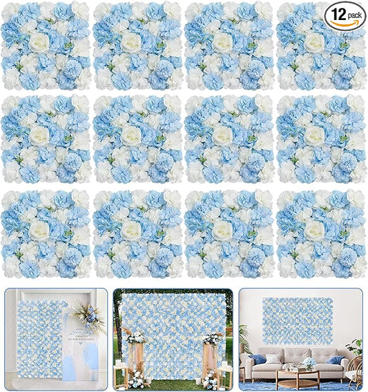 Blue Flower Backdrop Wall 5ftx3.74ft Fake Rose Wedding Backdrop 3D Floral Wall Panels for Baby Shower Party Bridal Wedding Background Decor