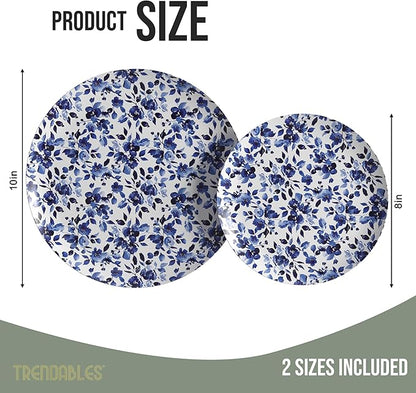 Trendables Heavy Duty Paper Plates Set For 32 Guests - 32 Each Of 8-inch And 10-inch Disposable Plates For Party - Fancy 64 Piece Dinnerware Set For All Occasions | Floral Design, Bluebelle