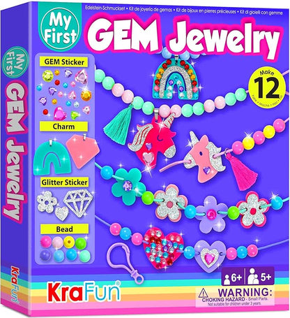 KRAFUN Jewelry Kit Unicorn & Princess Craft Set for Kids 5+ Years, 12 DIY Gem Bracelets & Charms, Unicorn & Princess Theme, Stickers, Instructions, Creative Kit