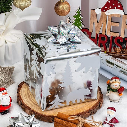 MAYPLUSS Foil Gift Wrapping paper Roll - 17 Inch X 33 Feet - Elegant Silver Christmas Seasonal Festive Gift Wrap Bear w/Glossy Foil-Like Shine Pattern for Christmas, Holiday, Birthday and Art Crafts