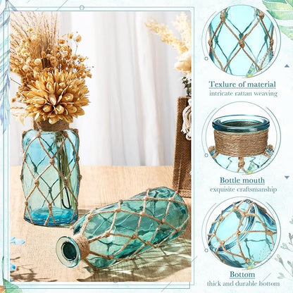 Chuangdi Set of 2 Coastal Glass Vases for Flower Small Flower Vase with Boho Rope Wrapping Beach Decorative Bottle for Coastal Nautical Table Centerpiece Wedding Floral Arrangement Decor(Light Blue)
