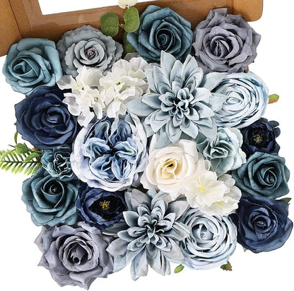 Artificial Flowers Combo Box Set Dusty Blue Bouquet Flowers for Wedding Centerpieces Arrangements Bridal Shower Party Decorations Fake Floral for Home