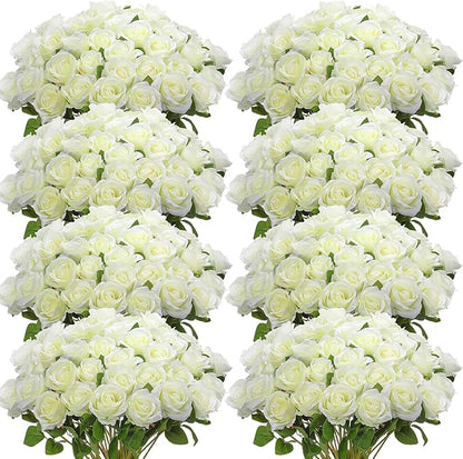 Hotop 120 Pcs Roses Artificial Flowers in Bulk,Long Stem Artificial Flower Bouquet,Silk Real Touch Fake Rose for Wedding Party Table Centerpieces Decor Valentines Gifts(White)