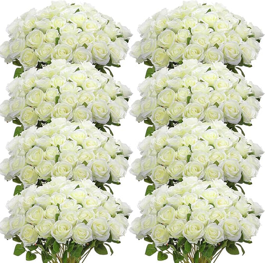 Hotop 120 Pcs Roses Artificial Flowers in Bulk,Long Stem Artificial Flower Bouquet,Silk Real Touch Fake Rose for Wedding Party Table Centerpieces Decor Valentines Gifts(White)