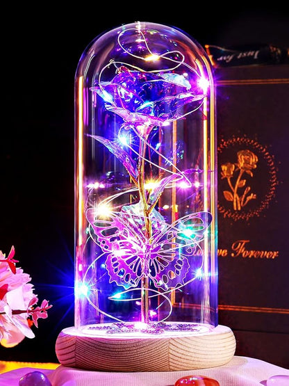Beferr Christmas Birthday Gifts for Women, Mom Gifts for Christmas Galaxy Glass Rose Forever Preserved Flowers for Delivery Prime Rose in Glass Dome Xmas Gifts for Grandma Wife Sister Her, Purple