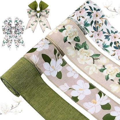4 Rolls 20 Yards Magnolia Flower Wired Edge Ribbon Spring Floral Patterned Ribbon for Gift Wrapping Wreath Bow Making Craft Supplies, 2.5 inch