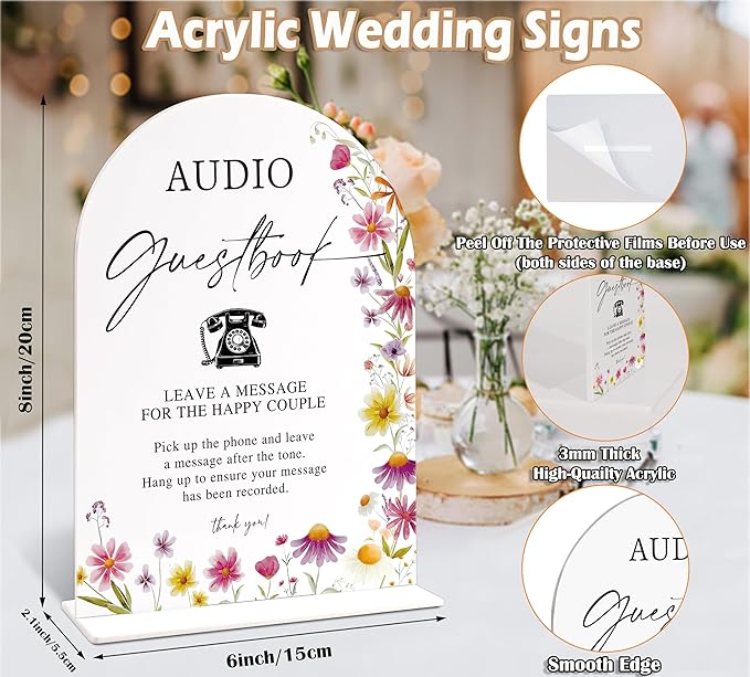 Audio Guest Book Sign for Wedding Table Decor, Wild Flower Arch Acrylic Wedding Signs for Reception, Floral Bridal Shower Engagement Party Decorations for Baby In Bloom Baby Shower