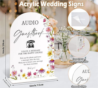 Audio Guest Book Sign for Wedding Table Decor, Wild Flower Arch Acrylic Wedding Signs for Reception, Floral Bridal Shower Engagement Party Decorations for Baby In Bloom Baby Shower