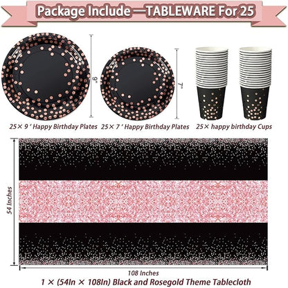 295 Pcs Black And Rose Gold Birthday Decorations, Birthday Decorations for Women or Girl Kit- Disposable Dinnerware Set with 25 Guest, Balloons, Sash, Tiara, Banner, Paper Pom Poms